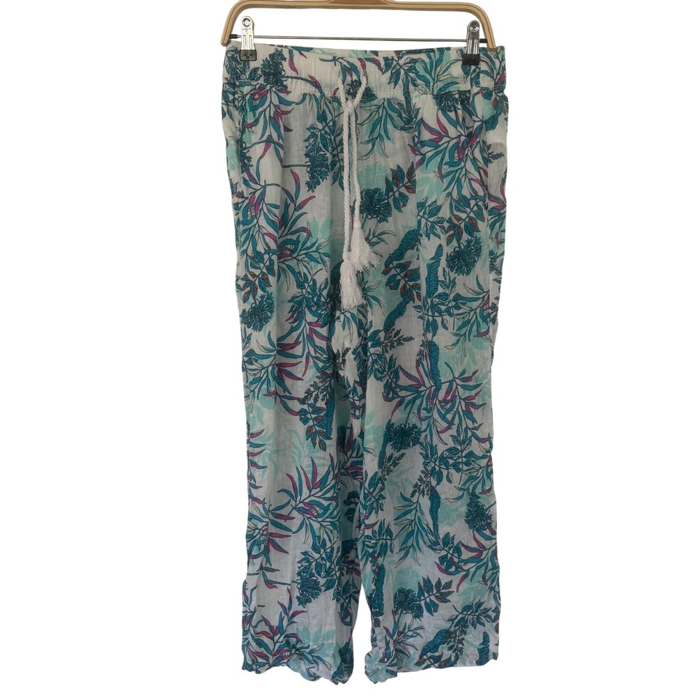 Cynthia Rowley Womens Linen Tropical Leaf Print Tassel Jogger Pants Blue Size M